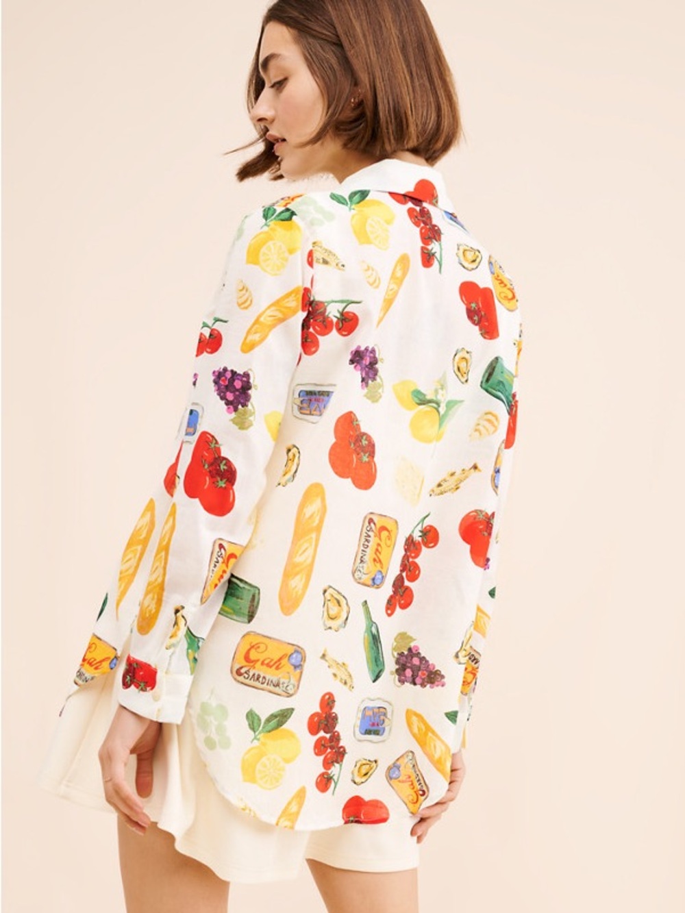 Lisa Says Gah White Button-Down Shirt with Multicolor Food Print - Picture 2 of 3